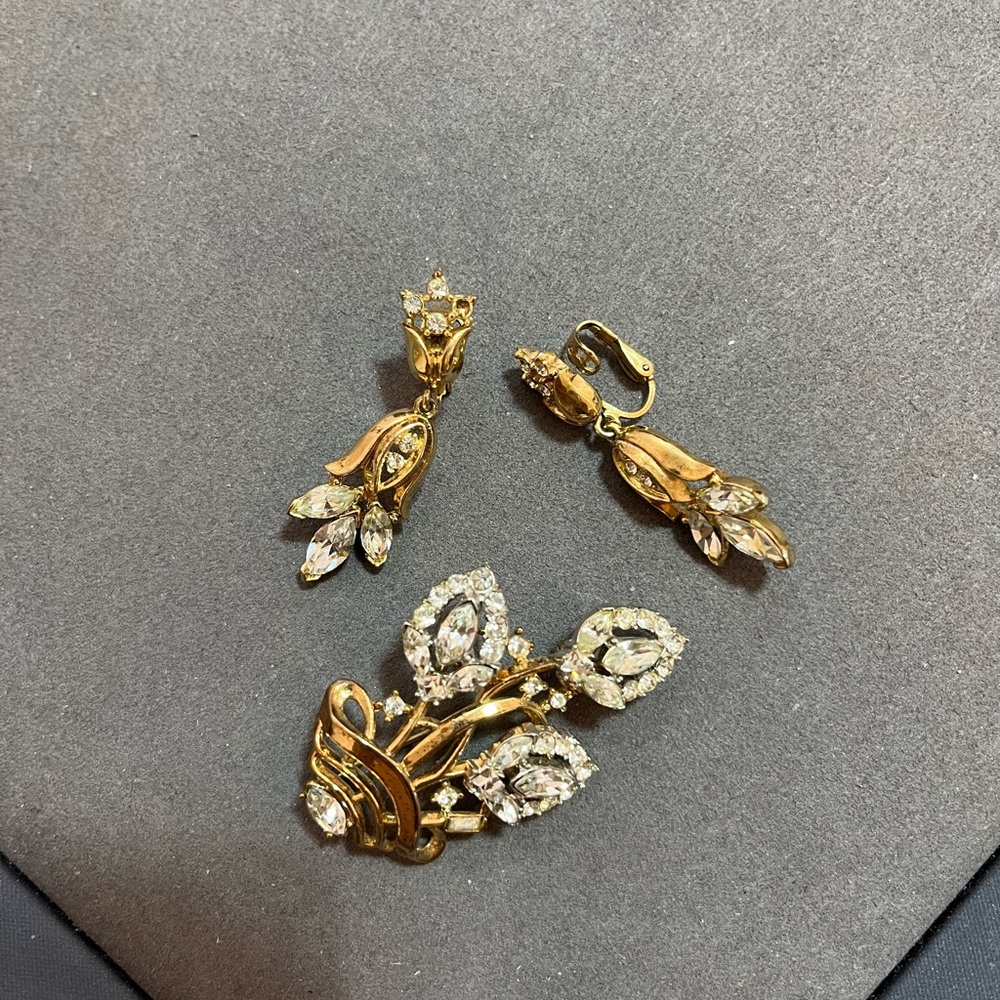 Crown Trifari Gold-Tone Crystal Leaf Earrings and Brooch Set